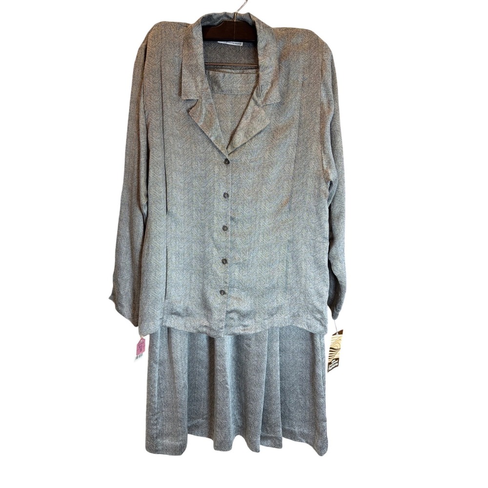Mary McFadden Signature Collection Grey Herringbone Skirt Set Blouse Maxi Vtg 8